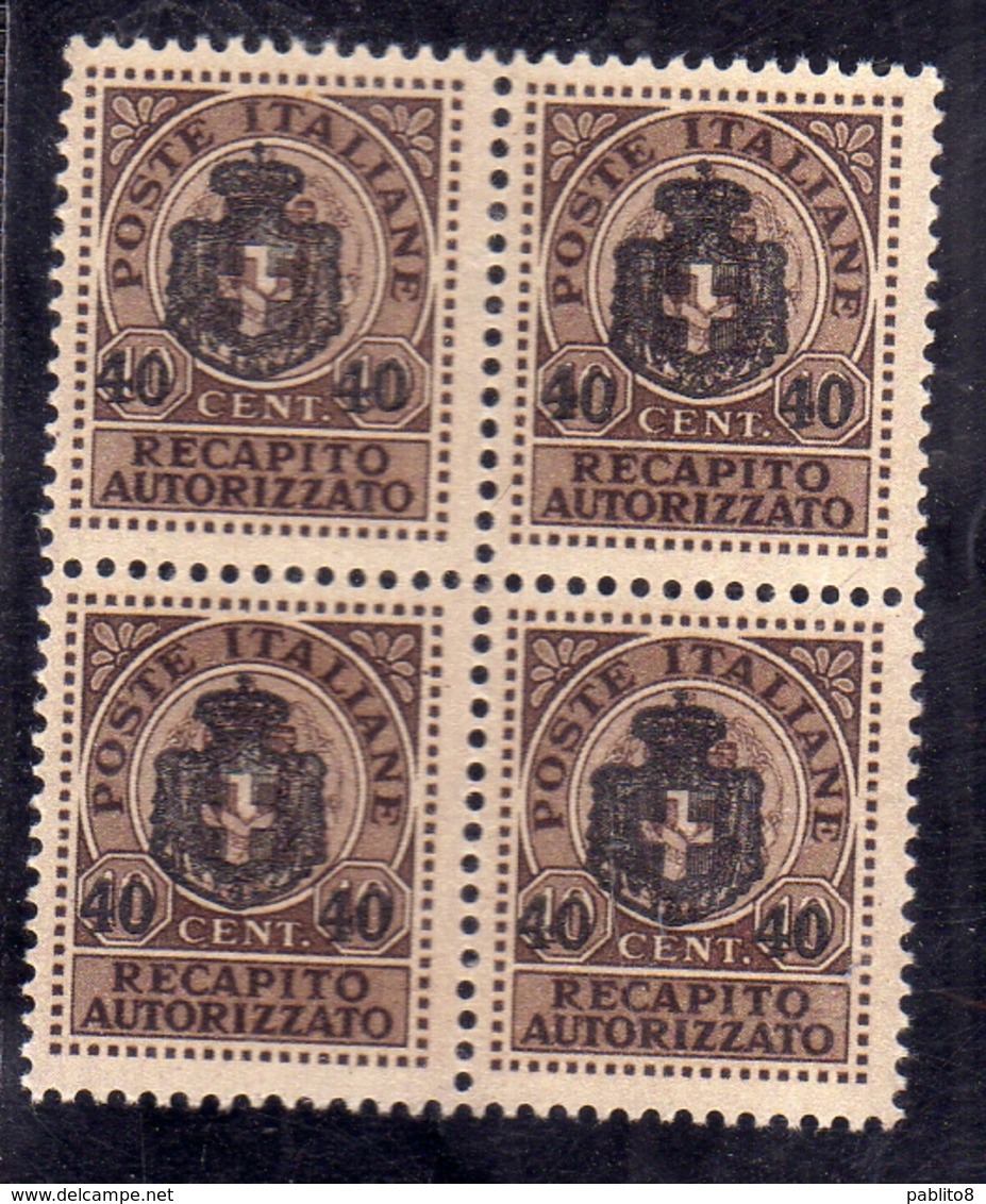 ITALY KINGDOM ITALIA REGNO 1945 LUOGOTENENZA RECAPITO AUTORIZZATO CENT.40 SU 10 MNH QUARTINA BLOCK - Autorisierter Privatdienst