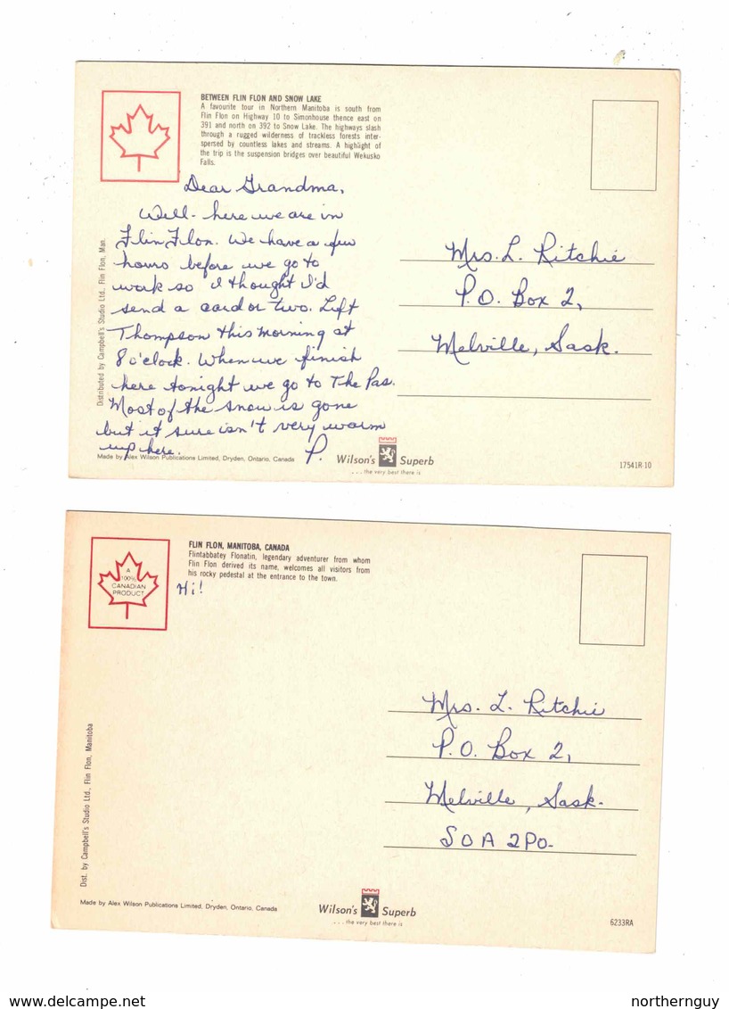 2 Different FLIN FLON, Manitoba, Canada, Wekuso Falls Flintabbatey Flonatin, Old 4X6 Chrome Postcards - Autres & Non Classés