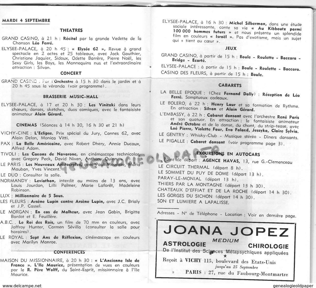 03- VICHY- PROGRAMME SEMAINE 3-9 SEPTEMBRE 1962-THEATRE-CONCERT-CABARET-CINEMA-CASINO-ROGER ALBIN-COLETTE GERARDIN TOSCA - Programme