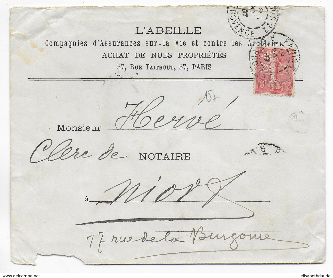 1907 - SEMEUSE - PERFORE / PERFIN ! ASSURANCE L'ABEILLE Sur ENVELOPPE De PARIS => NIORT - Other & Unclassified