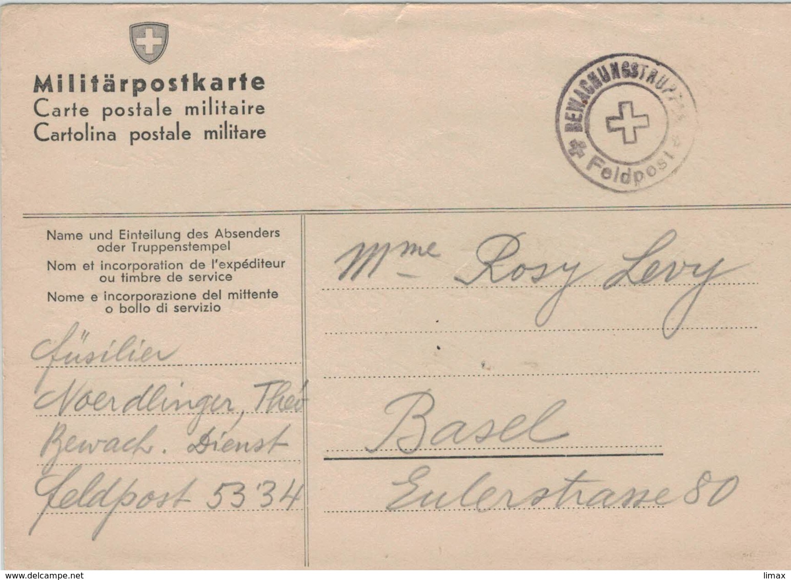 Militär-Postkarte Feldpost 5334 Bewachungstrupp 1941 - Nach Basel (Flüchtiges Glück) - Andere & Zonder Classificatie