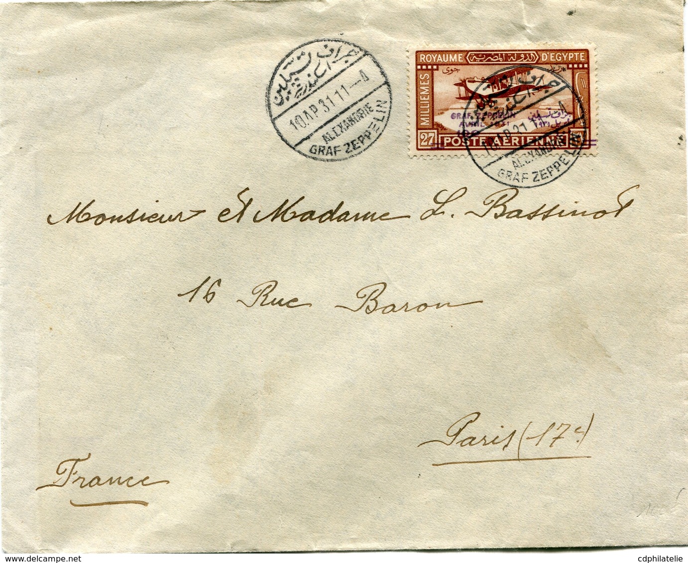 EGYPTE LETTRE DEPART ALEXANDRIE 10 AP 31 GRAF ZEPPELIN POUR LA FRANCE - Airmail