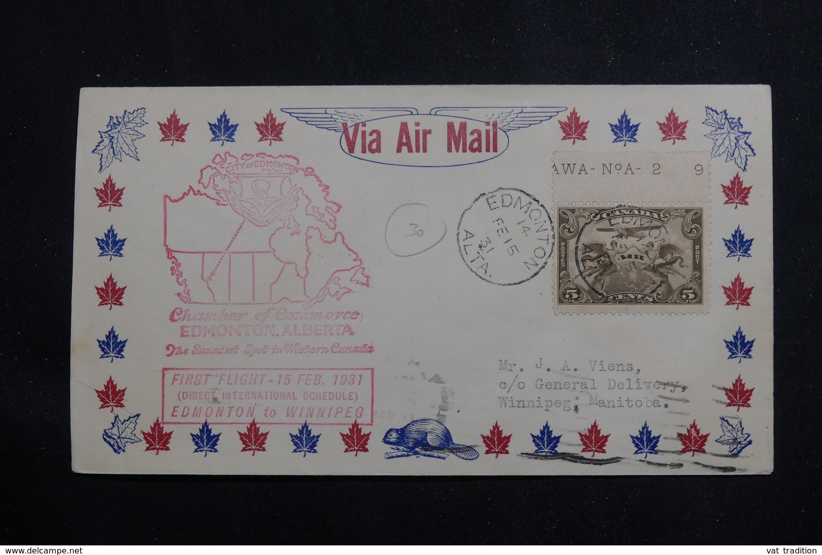 CANADA - Enveloppe 1er Vol Edmonton  / Winnipeg En 1931, Affranchissement Plaisant - L 61016 - Lettres & Documents