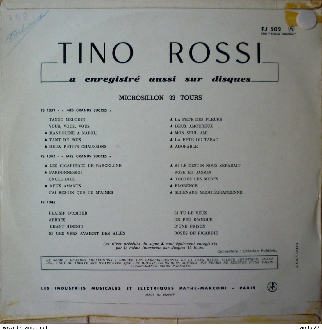 TINO ROSSI - 25 Cm - 33T - Disque Vinyle - Nuit De Noël - FJ 502 - Christmas Carols
