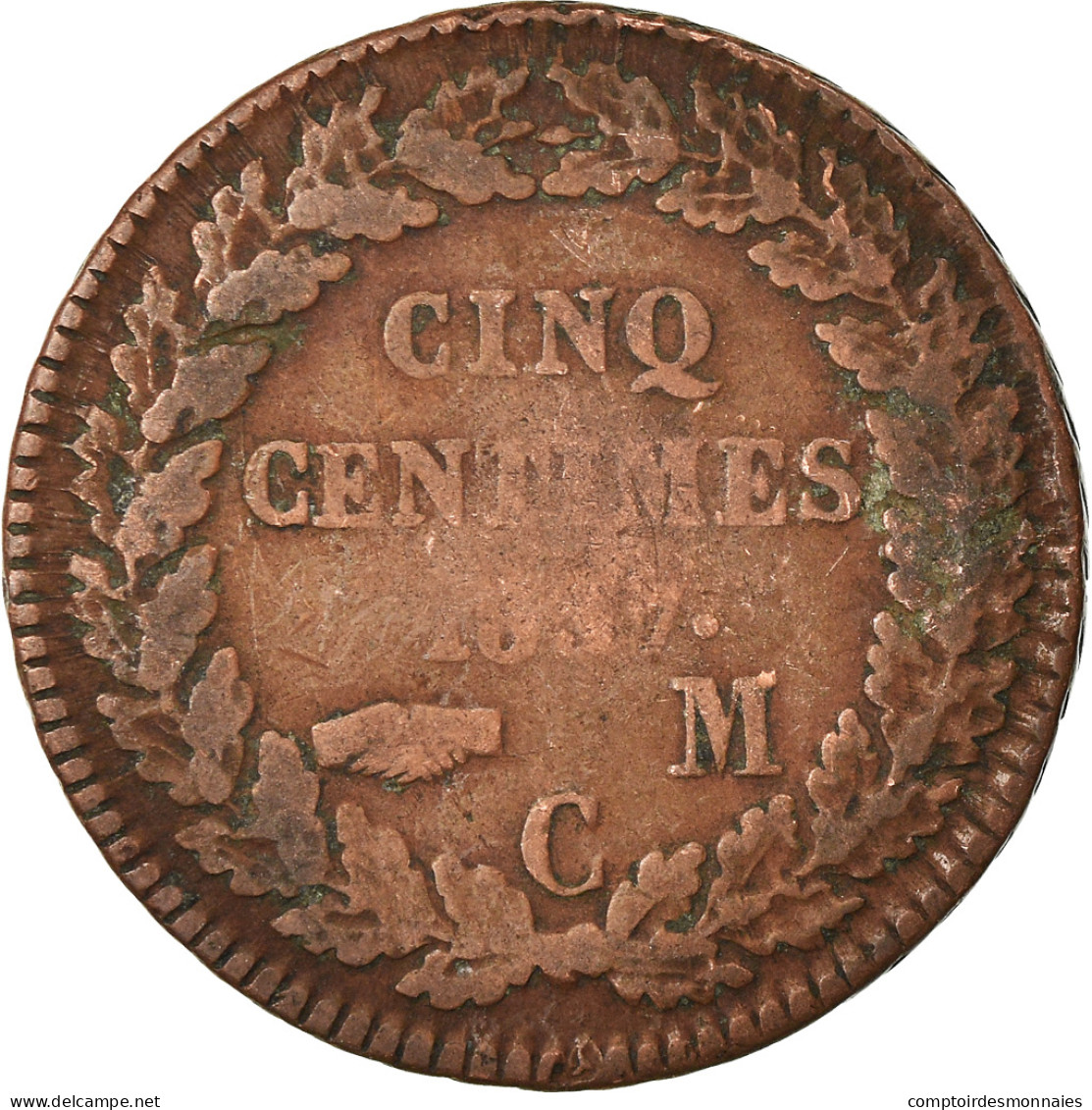 Monnaie, Monaco, Honore V, 5 Centimes, Cinq, 1837, Monaco, TB, Cuivre - Charles III.