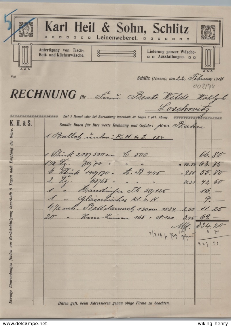 Schlitz - Rechnung Leinenweberei Karl Heil & Sohn 1916 - Verkehr & Transport