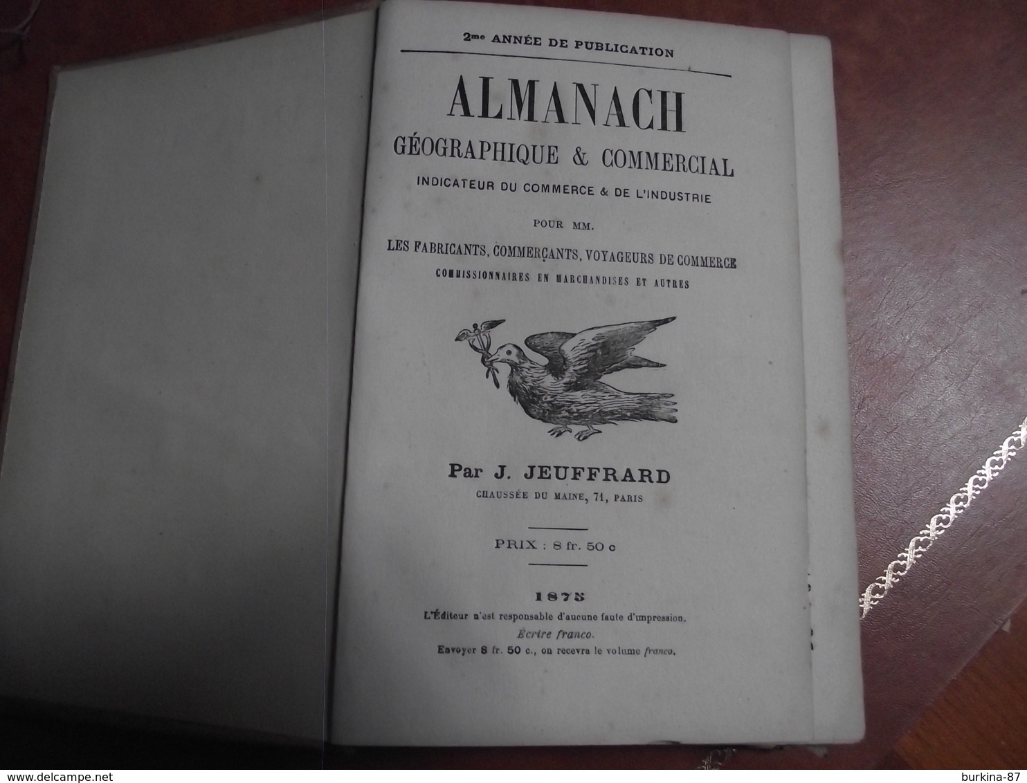 ALMANACH,Géographique Et Commercial, 1875, J Jeuffrard - Small : ...-1900