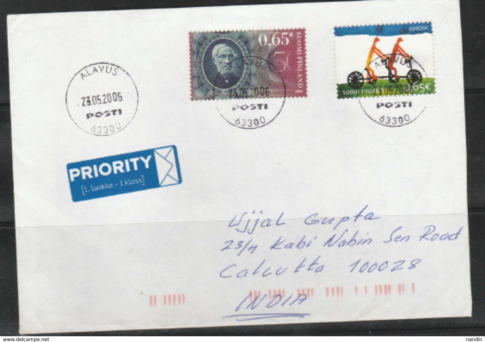 2006 AIRMAIL  FROM FINLAND TO CALCUTTA FRANKED WITH STAMPS ON EUROPA, 200 TH BIRTH ANNV. OFJ B.SNELLMAN - Brieven En Documenten