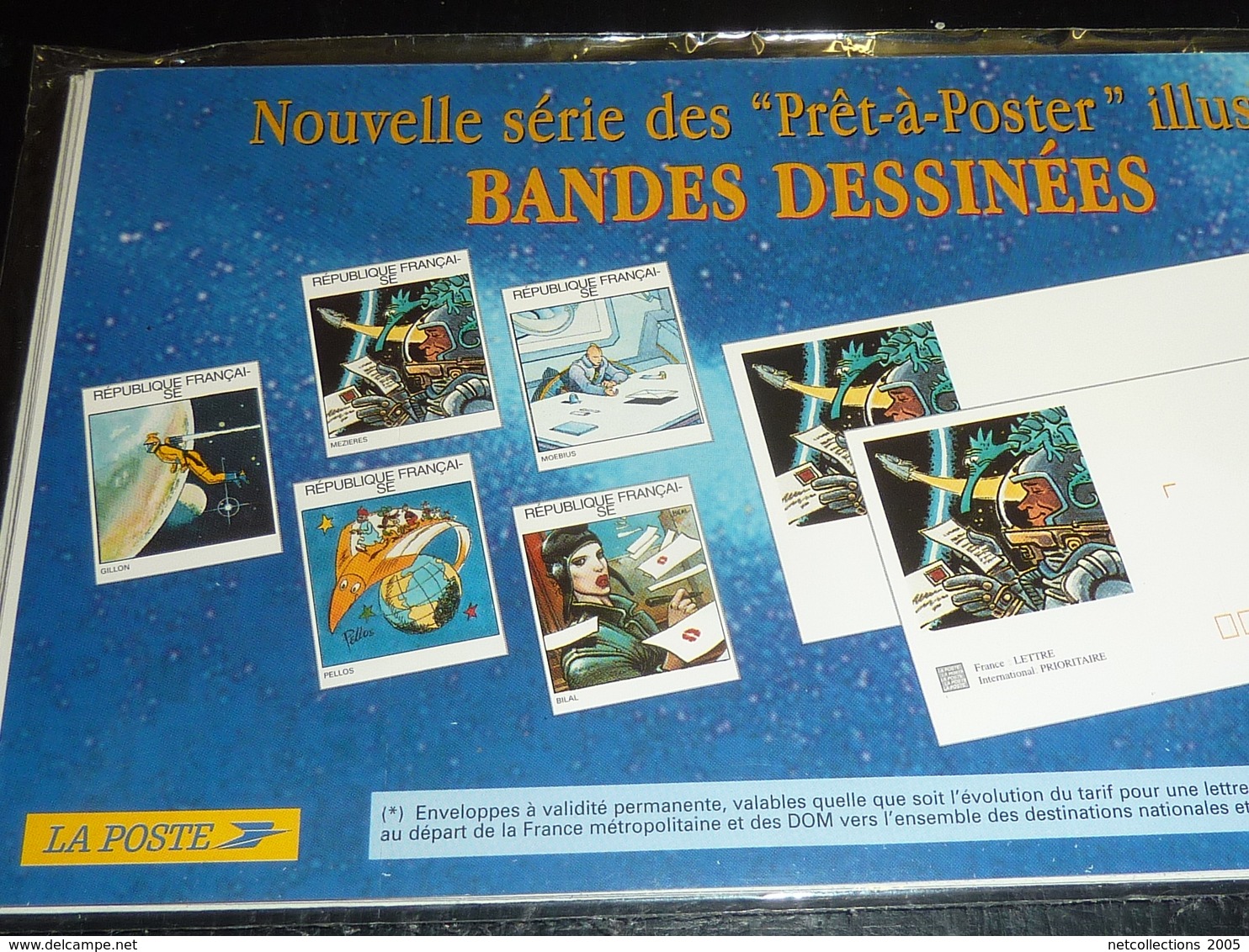 LOT DE 5 ENVELOPPES + 5 CARTES ASSORTIES BANDES DESSINEES MOEBIUS, BILAL, GILLON MEZIERES " SPECIMEN " NEUF SOUS BLISTER - Specimen