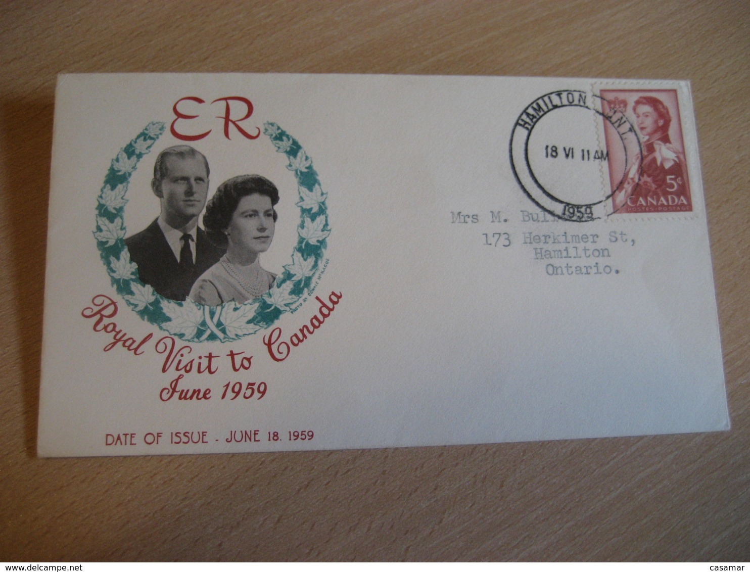 HAMILTON 1959 Yvert 313 Royal Visit Royal Family Royalty QEII FDC Cancel Cover CANADA - 1952-1960