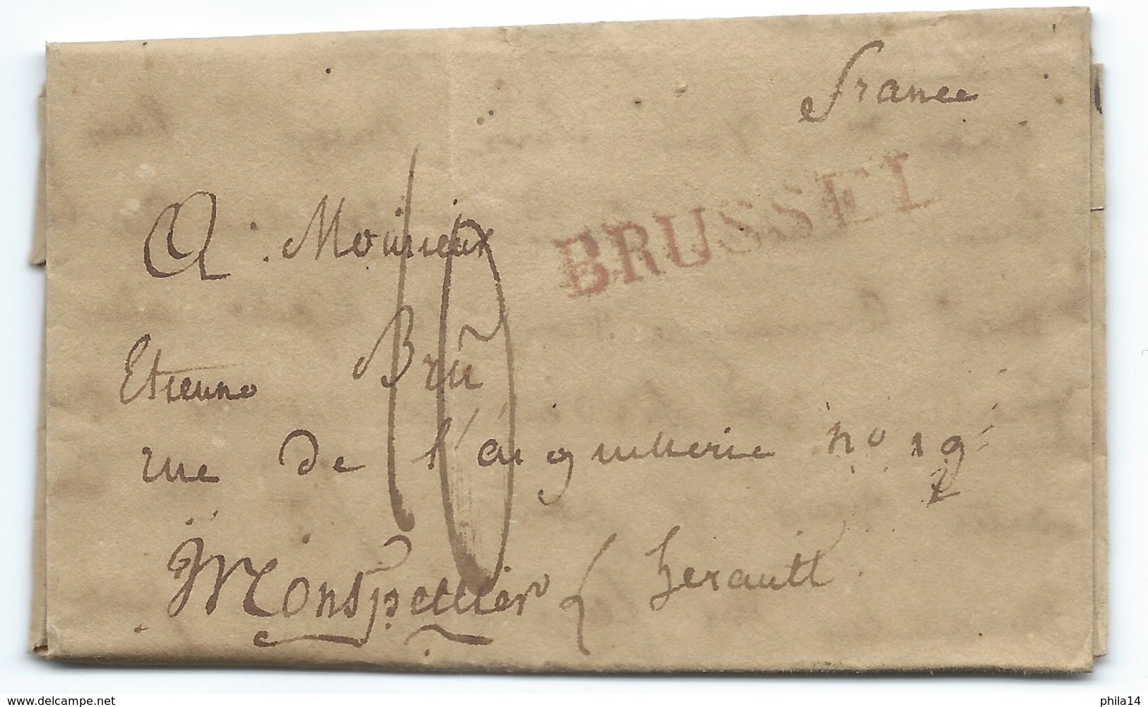 MARQUE POSTALE  BRUSSEL BELGIQUE POUR MONTPELLIER  1817 / TAXE 10 - 1815-1830 (Dutch Period)