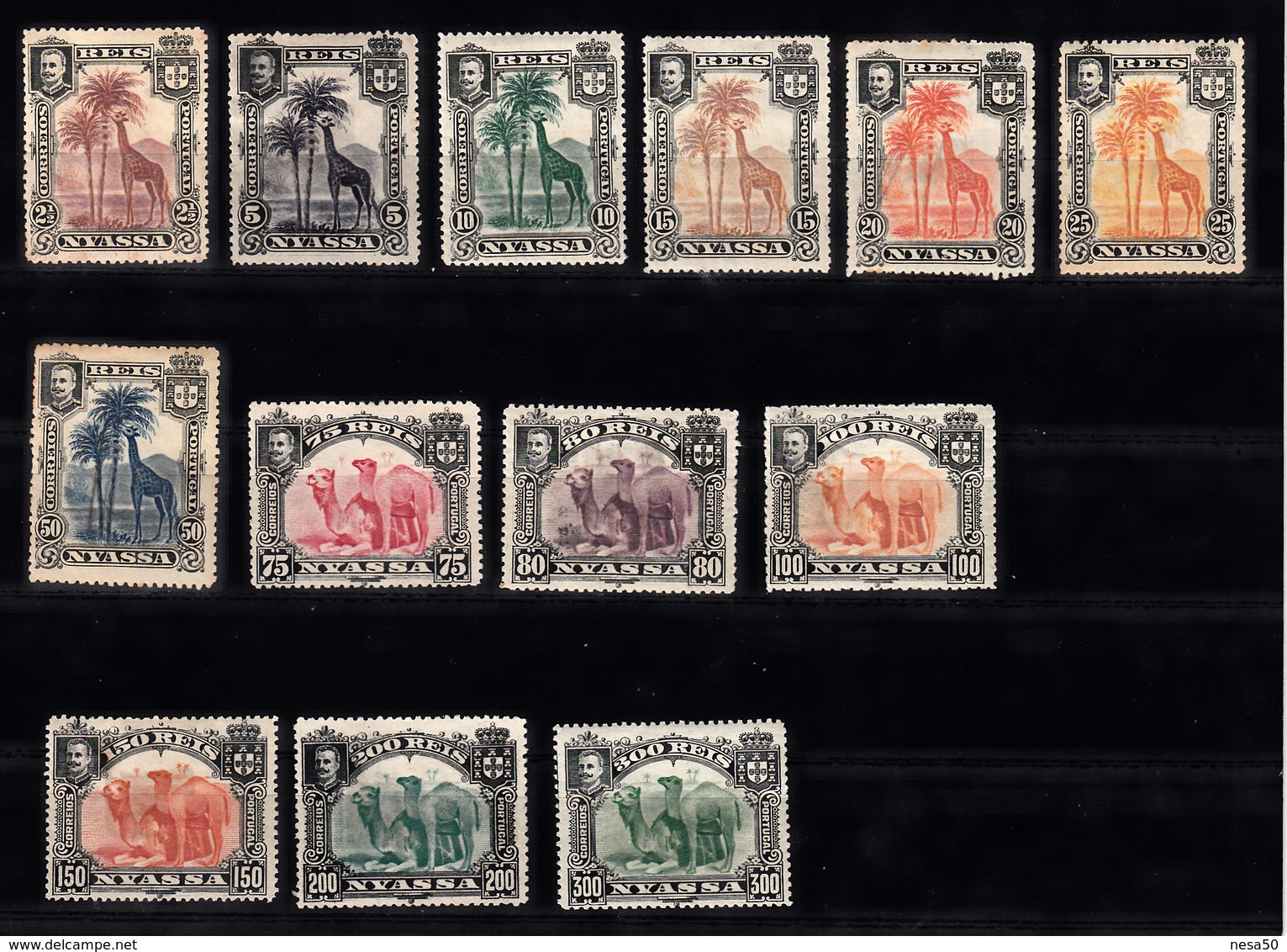 Portugal Nyassa 1901 Mi Nr 27-39,  Giraf, Dromedaris, Giraffe, Dromedary,  Met Plakker - Portuguese Africa