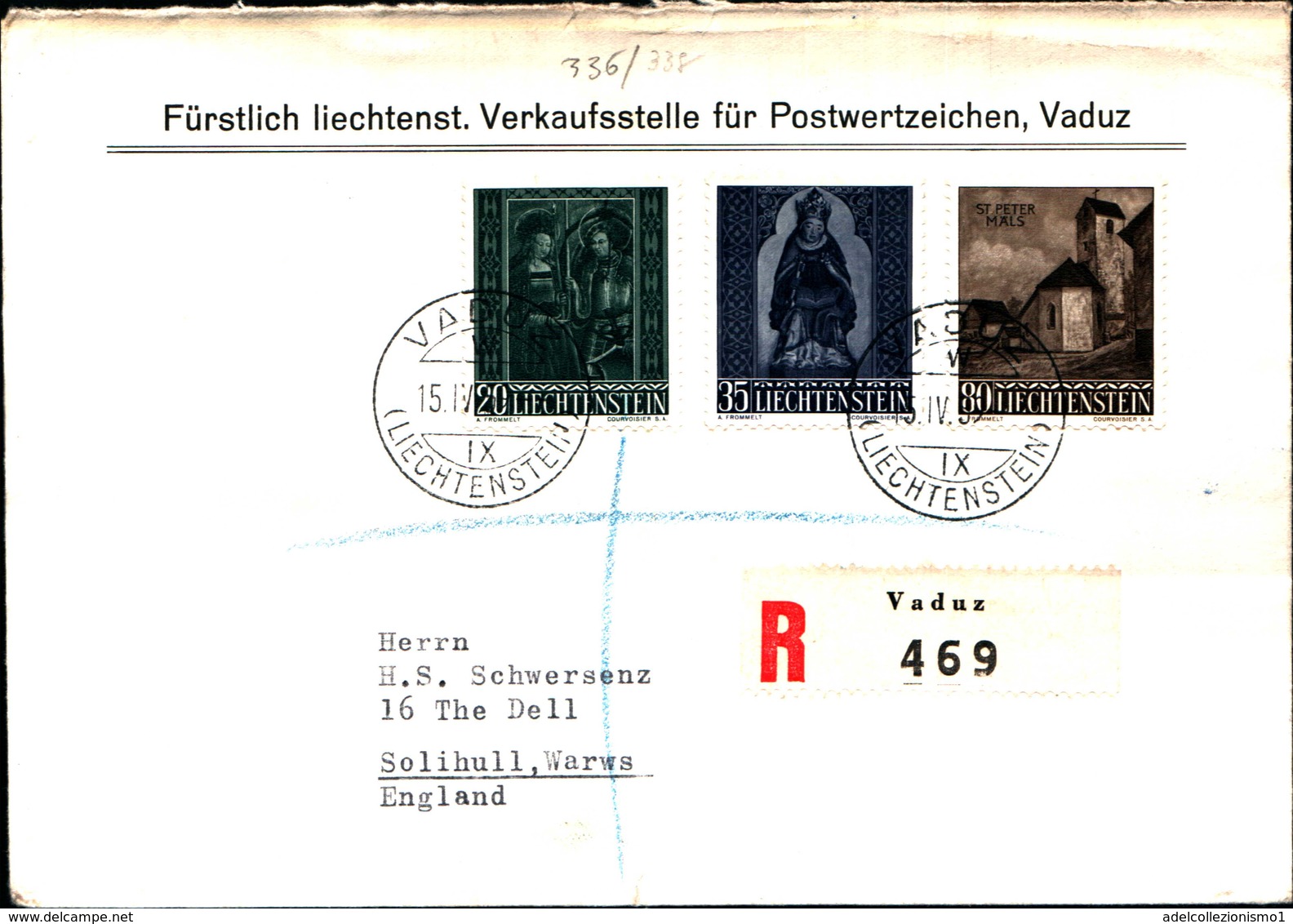 14515) LIECHTENSTEIN   RACCOMANDATA-15-4-1959 CON SERIE Natale/ CAPPELLA DI S. PETER 1958 - Sammlungen