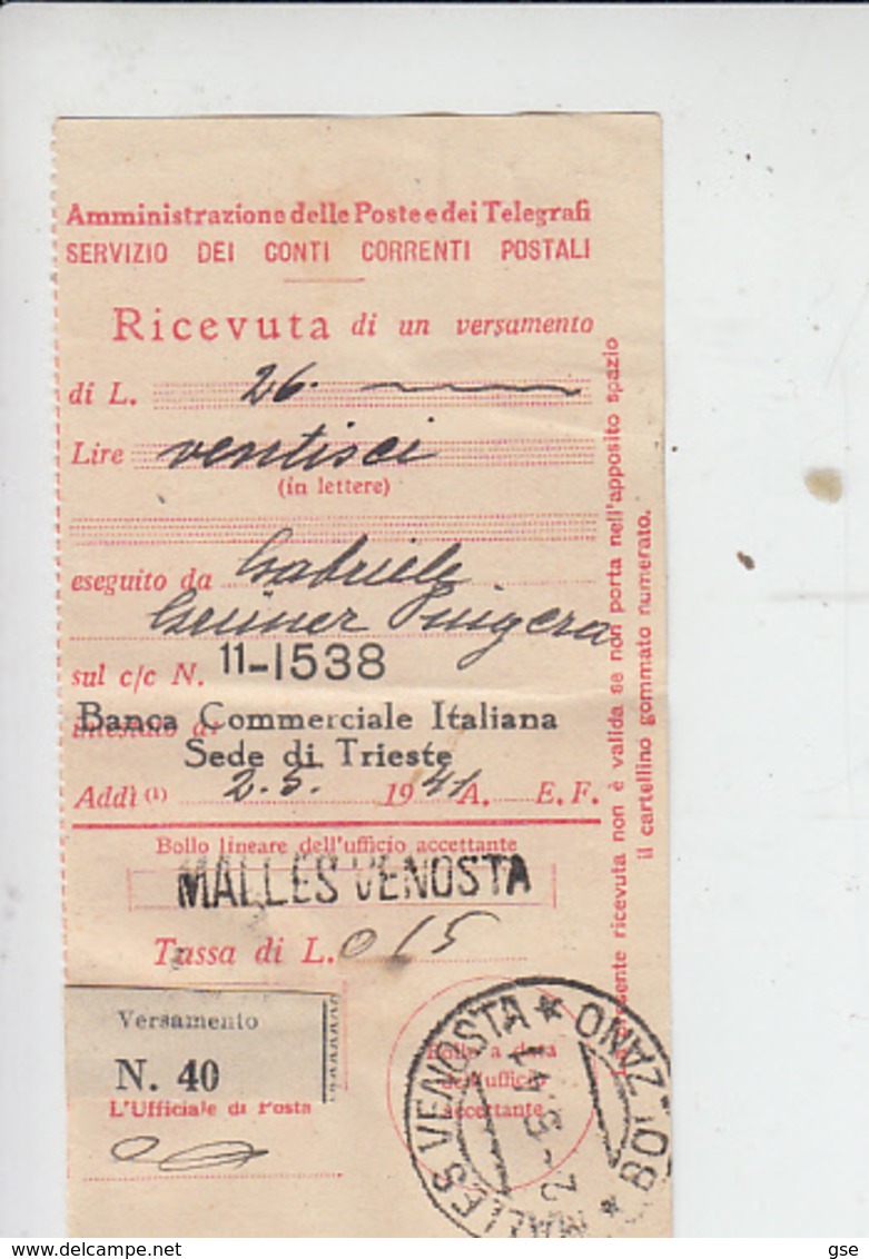 MALLES VENOSTA  1941 - Ricevuta Ccp - Tax On Money Orders