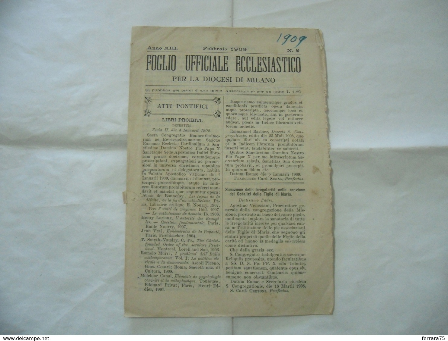 FOGLIO UFFICIALE ECCLESIASTICO DIOCESI DI MILANO N.2 1909 BORDO ROVINATO - Religion