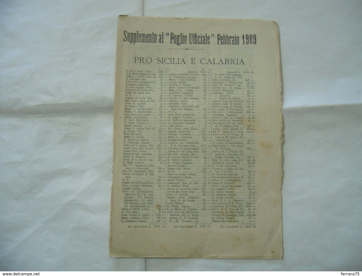 SUPPLEMENTO AL FOGLIO UFFICIALE PRO SICILIA E CALABRIA1909 BORDO PAGINE ROVINATO - Religion