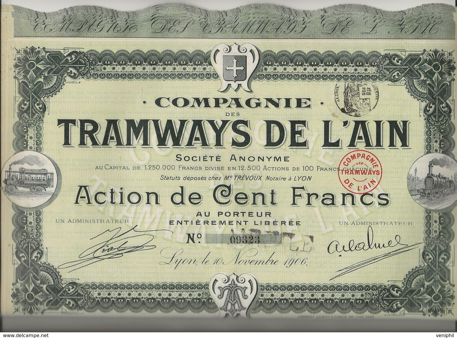 LOT DE 12 ACTIONS DE 100 FRS - COMPAGNIE DES TRAMWAYS DE L'AIN -ANNEE 1906 - Railway & Tramway