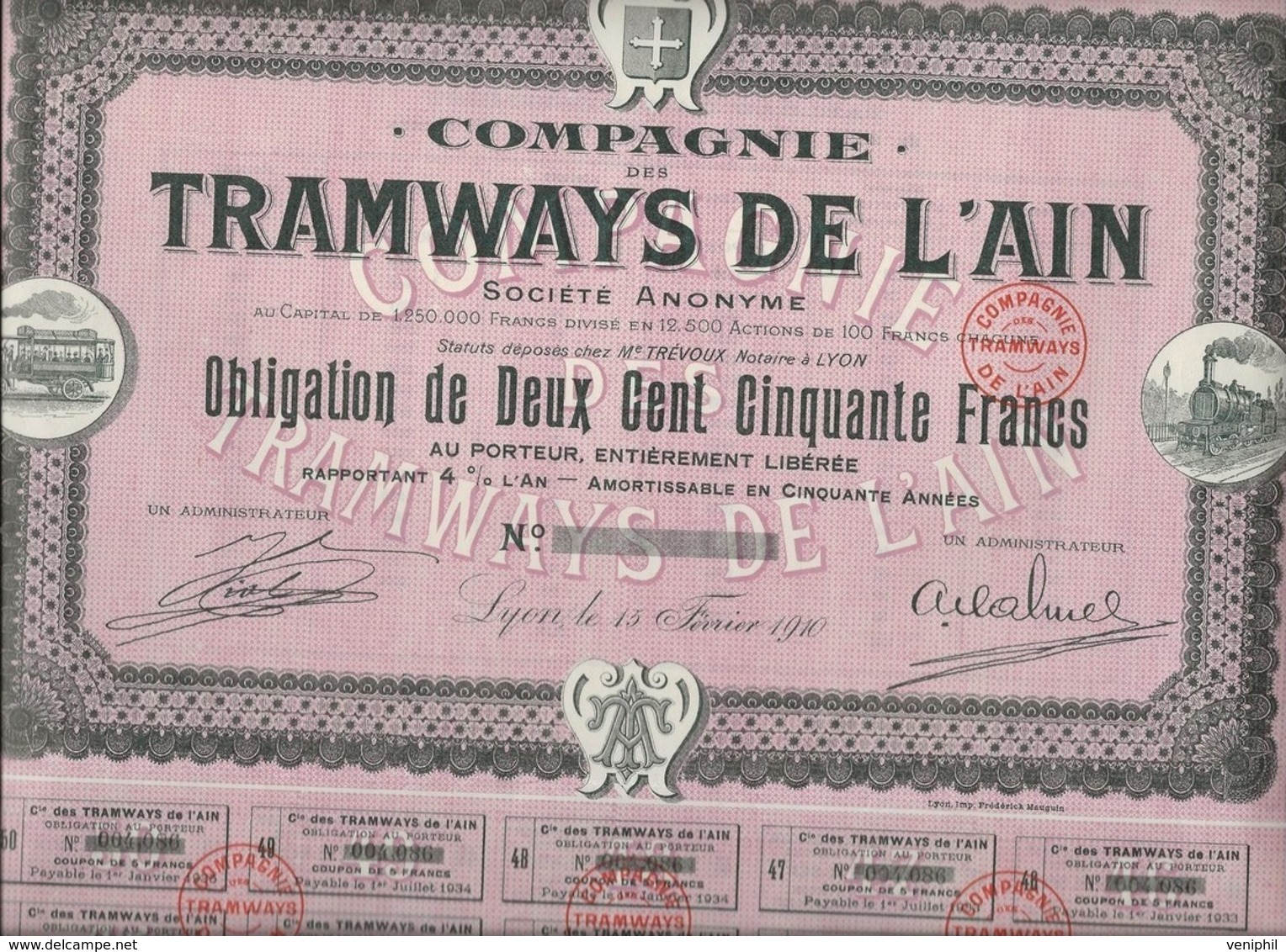 - COMPAGNIE DES TRAMWAYS DE L'AIN - OBLIGATION DE 250 FRS - ANNEE 1910 - Railway & Tramway