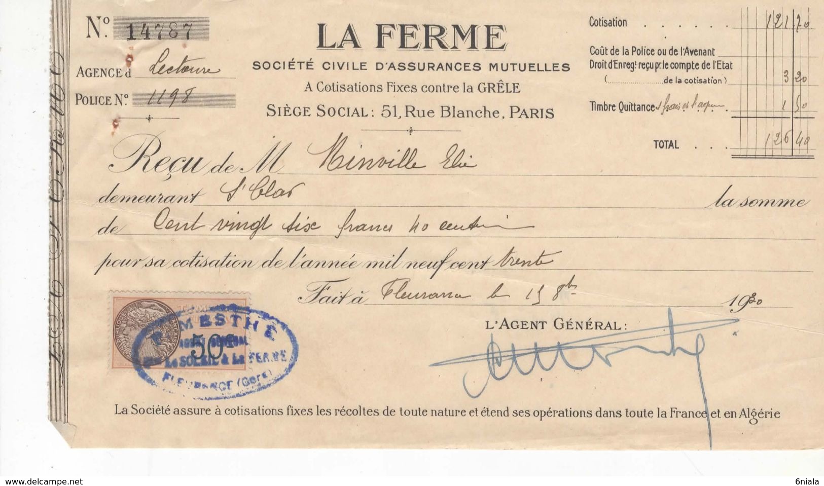 1497 QUITTANCE FACTURE Assurance  La Ferme 1930 Paris  32 MESTHE Fleurance  Lectoure St Clar   Gers Timbre Fiscal - Banque & Assurance
