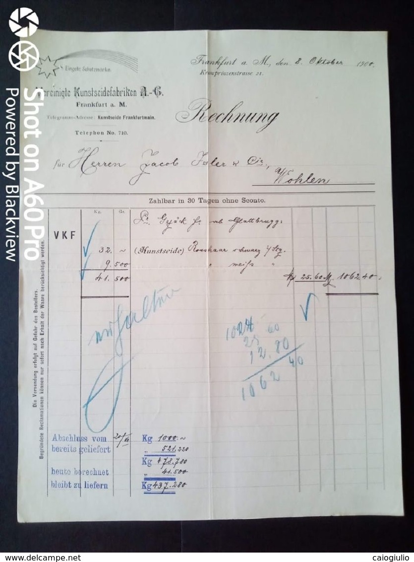 1900 - FATTURA - VERCINIGTE KUNSTSEIDEFABRIKEN A.G. (FABBRICHE DI SETA ARTIFICIALE STAMPATE) - FRANKFURT X WOHLEN - Textilos & Vestidos