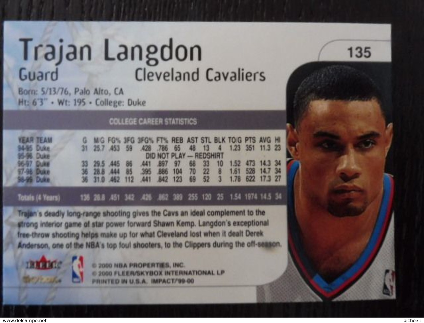 NBA - FLEER 99-00 - CAVALIERS - TRAJAN LANGDON ROOKIE - 1990-1999