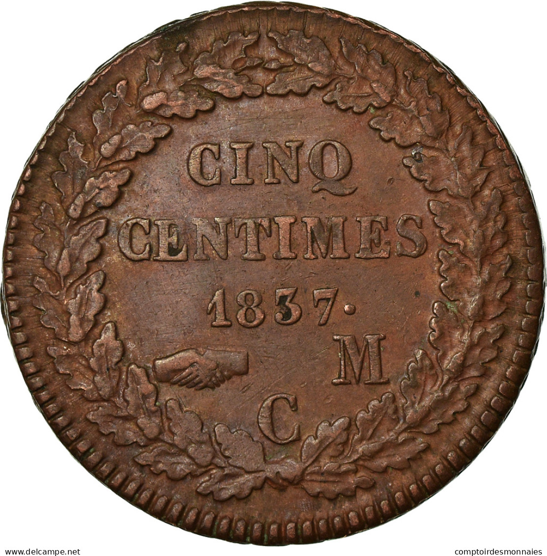 Monnaie, Monaco, Honore V, 5 Centimes, Cinq, 1837, Monaco, TTB+, Cuivre - Charles III.