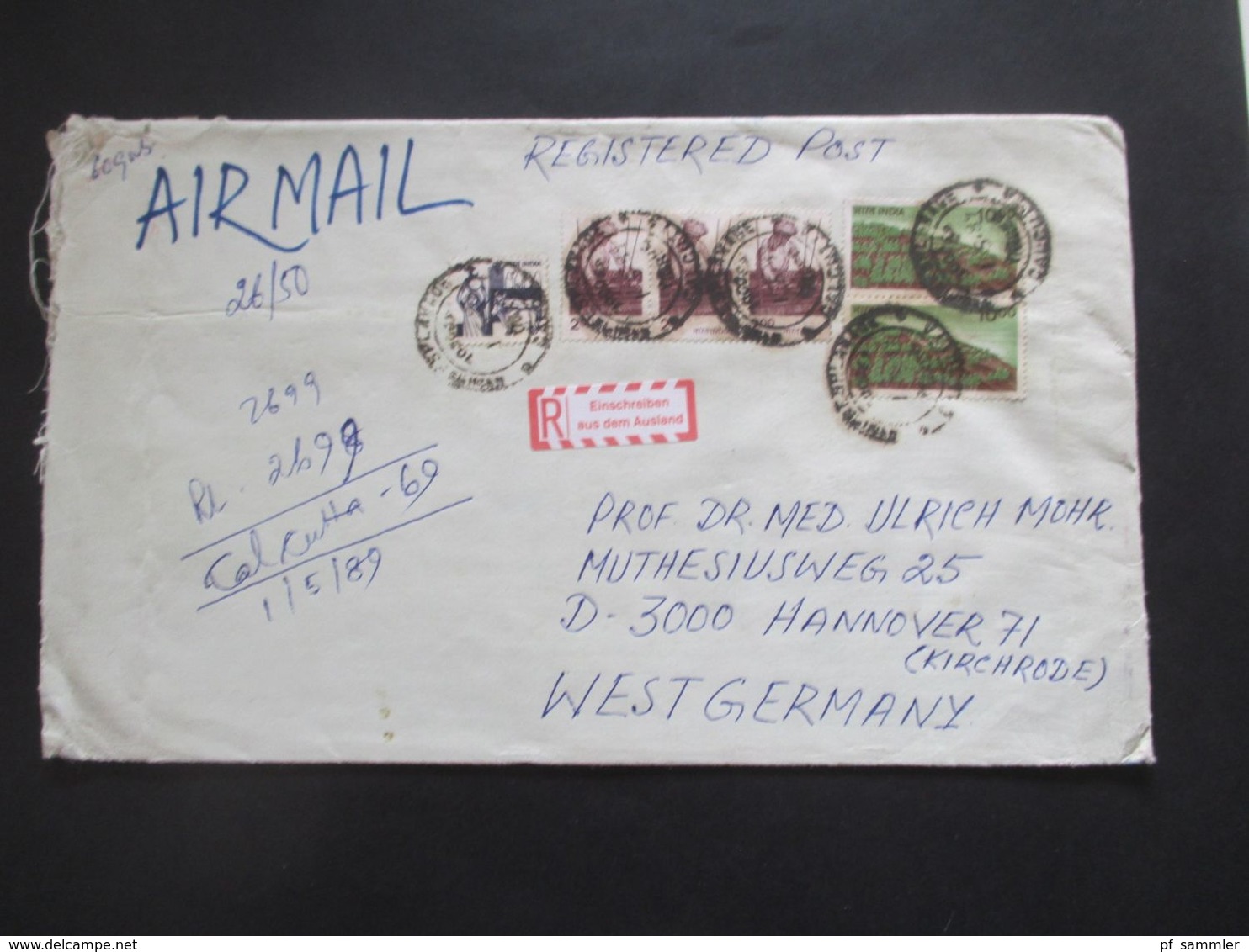 Indien um 1989 Aufkleber Einschreiben aus dem Ausland By Air Mail / Luftpost alle nach Hannover gelaufen!