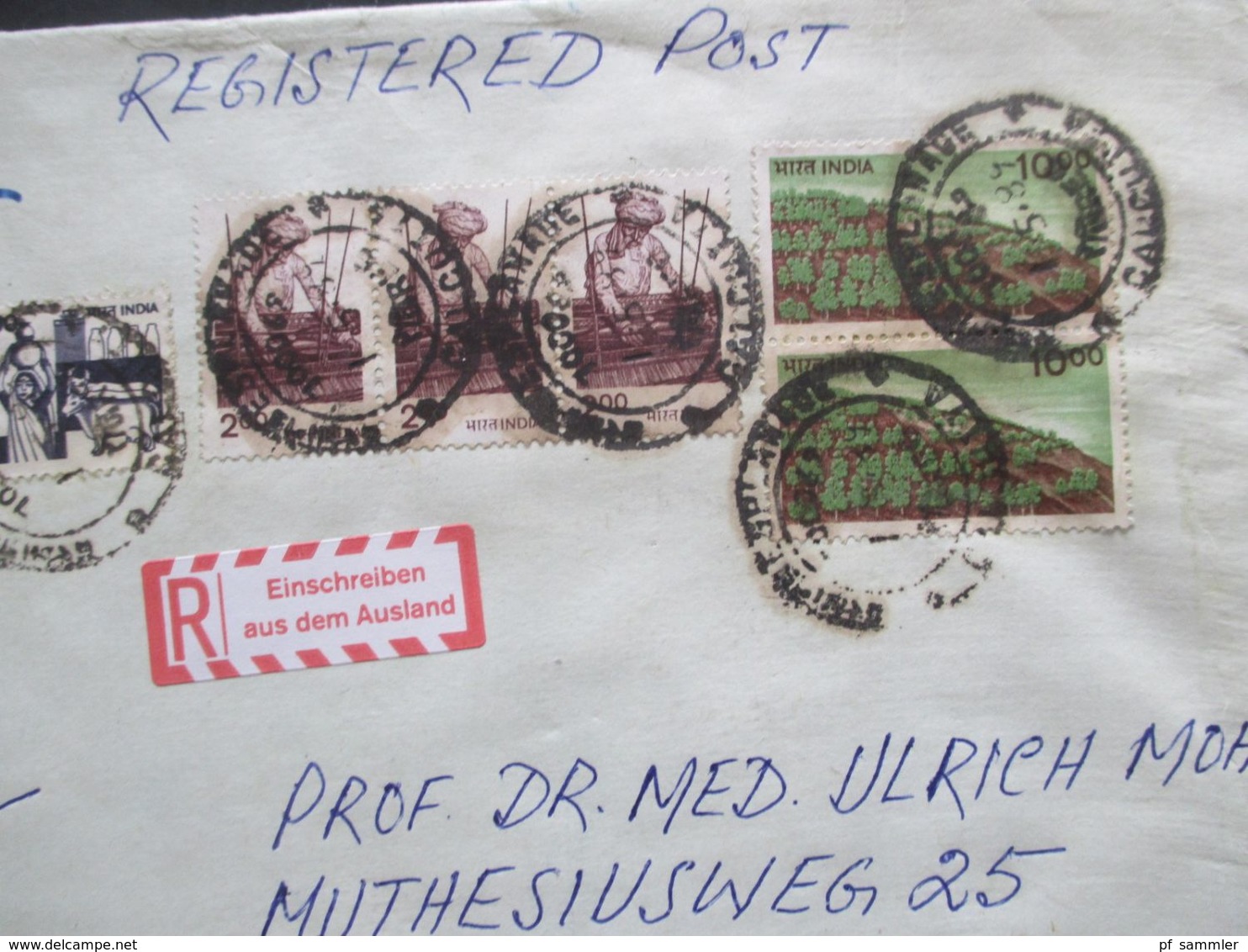 Indien um 1989 Aufkleber Einschreiben aus dem Ausland By Air Mail / Luftpost alle nach Hannover gelaufen!