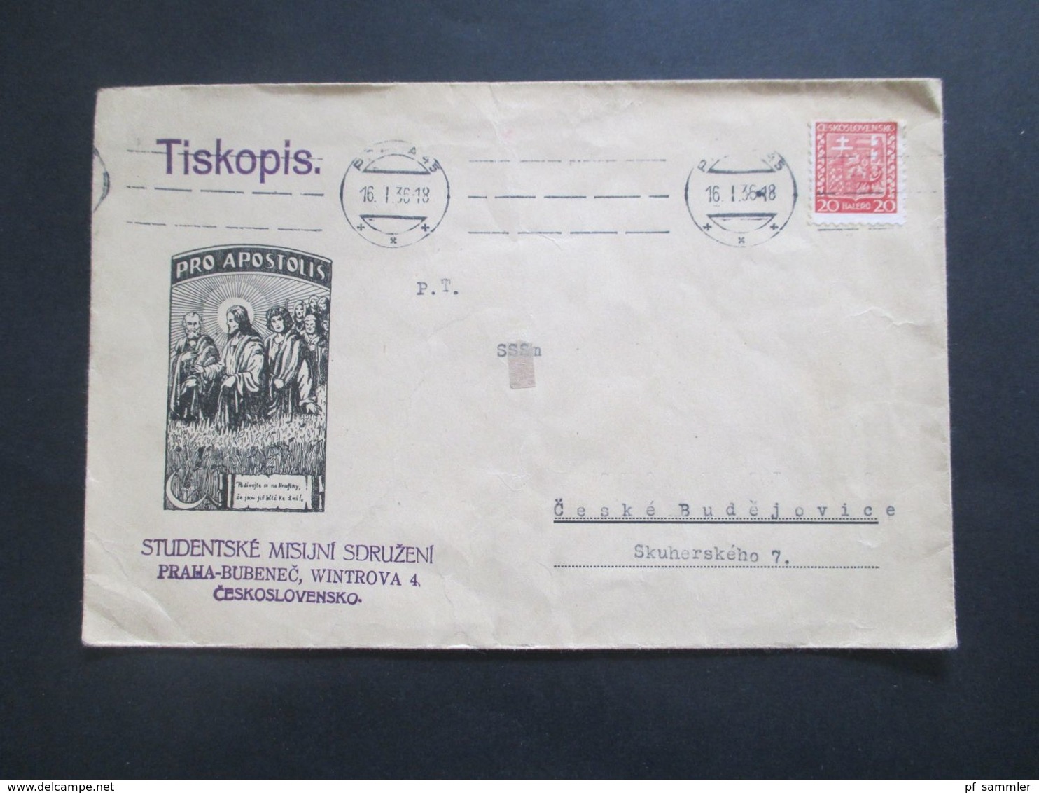 CSSR 1936 Studentika Pro Apostolis / Studentske Misijni Sdruzeni Praha - Ceske Budejovice - Lettres & Documents