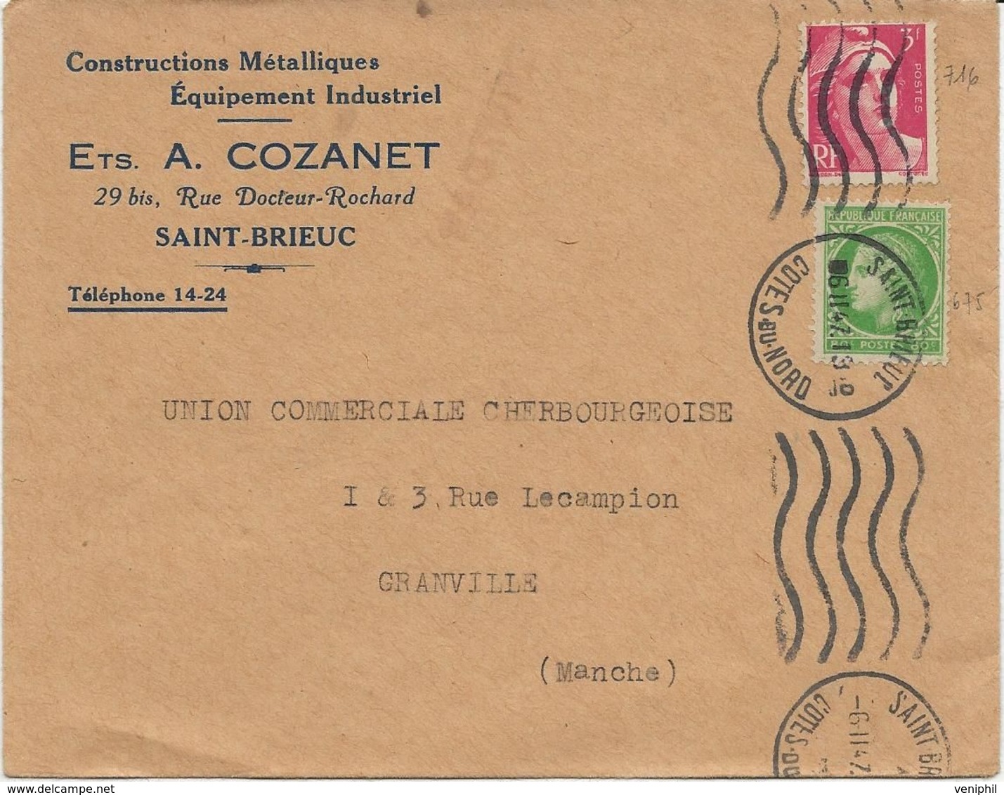 LETTRE OBLITERATION DAGUIN ONDULATION 5 LIGNES -CAD SAINT BRIEUC - COTE DU NORD - ANNEE 1947 - Mechanical Postmarks (Other)