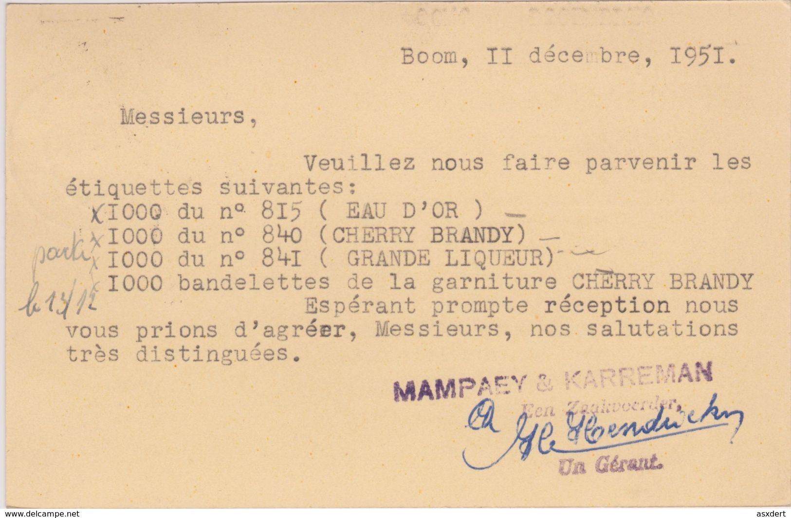 Pub. Reclame / Wijnen En Likeuren Ets. Mampaey & Karreman Boom 1951 - Lettres & Documents