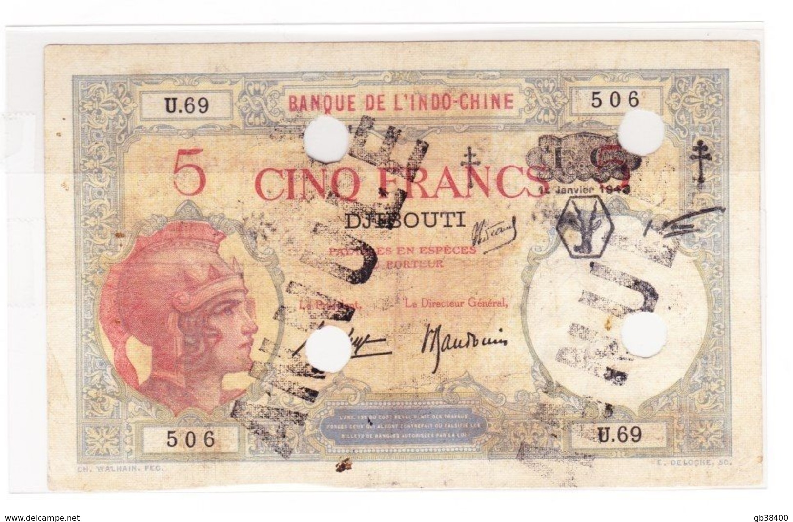 INDOCHINE 5 FRANCS DJIBOUTI JANVIER 1943 ANNULE OCCASION - Indochine