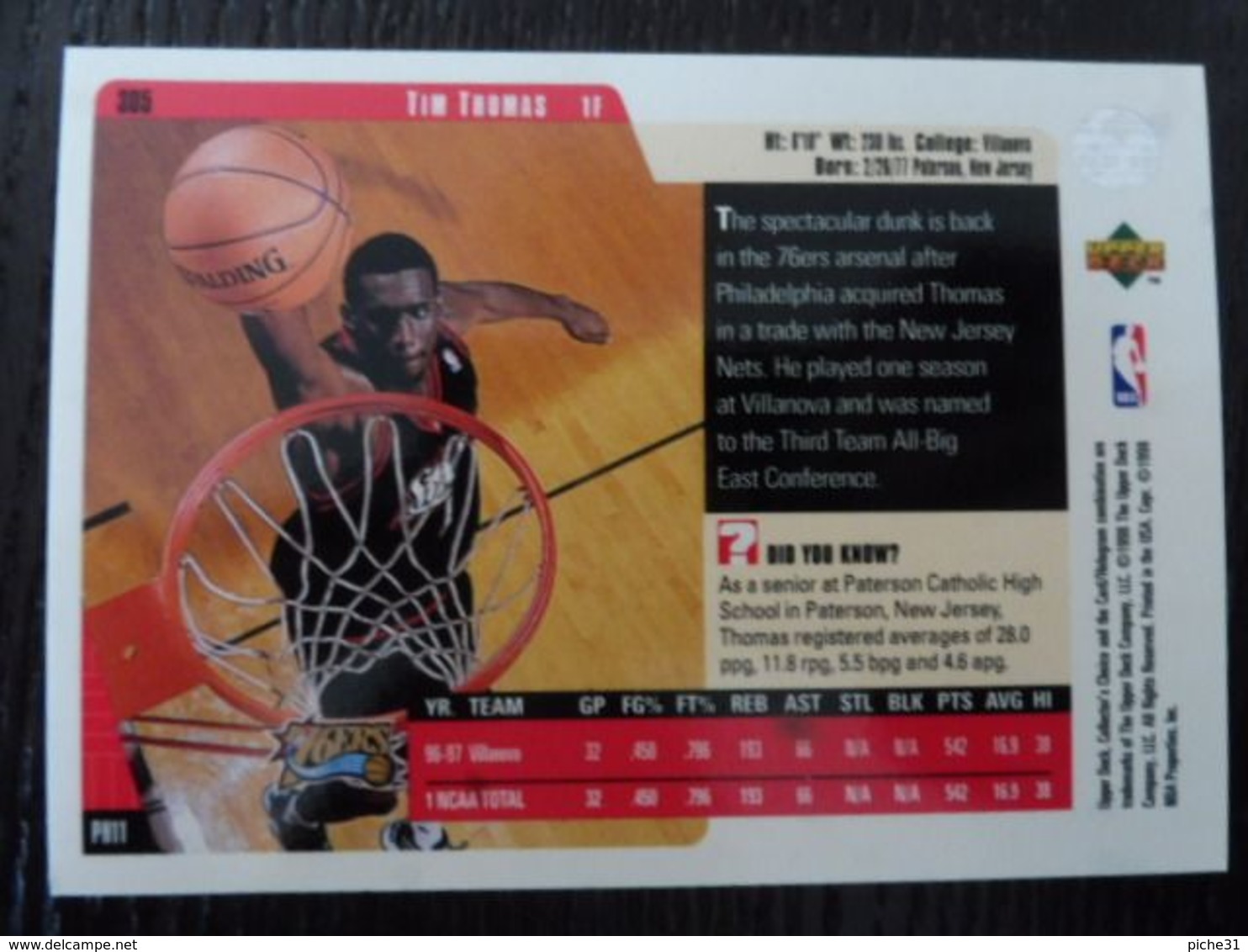 NBA - UPPER DECK 1997 - SIXERS - TIM THOMAS - 1990-1999