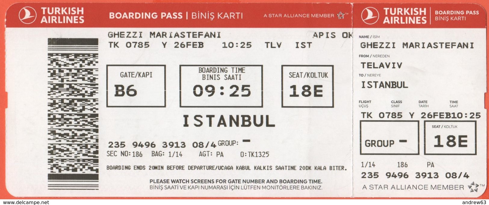 TURKISH AIRLINES - 2020 - BOARDING PASS - BİNİŞ KARTI - TK 0785 - TLV-IST - Telaviv-Istanbul - Mondo