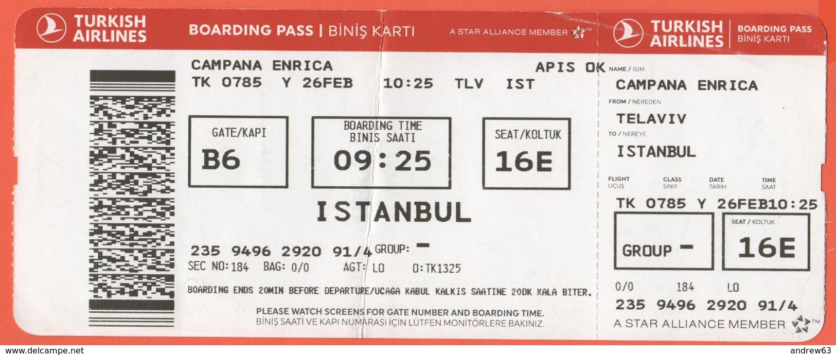 TURKISH AIRLINES - 2020 - BOARDING PASS - BİNİŞ KARTI - TK 0785 - TLV-IST - Telaviv-Istanbul - World