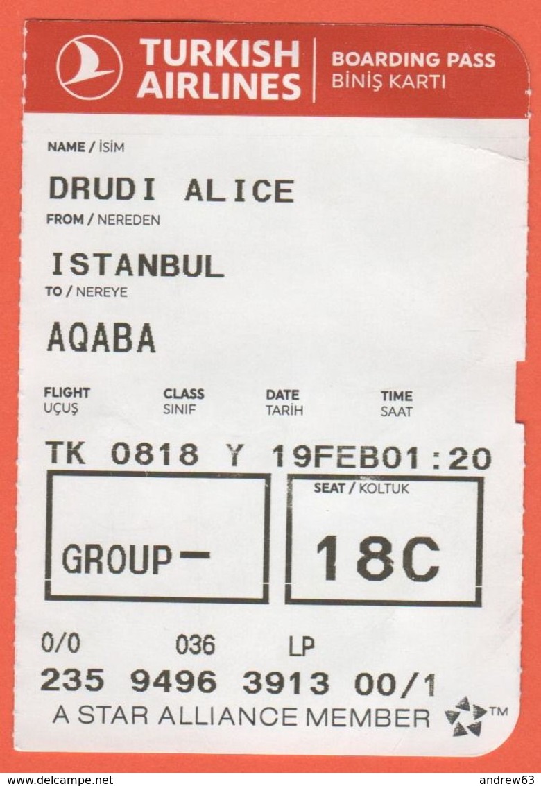 TURKISH AIRLINES - 2020 - BOARDING PASS - BİNİŞ KARTI - TK 0818 - IST-AQJ - Istanbul-Aqaba - Mondo