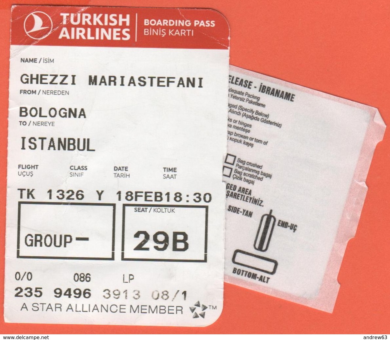 TURKISH AIRLINES - 2020 - BOARDING PASS - BİNİŞ KARTI - TK 1326 - BLQ-IST - Bologna-Istanbul - Mondo