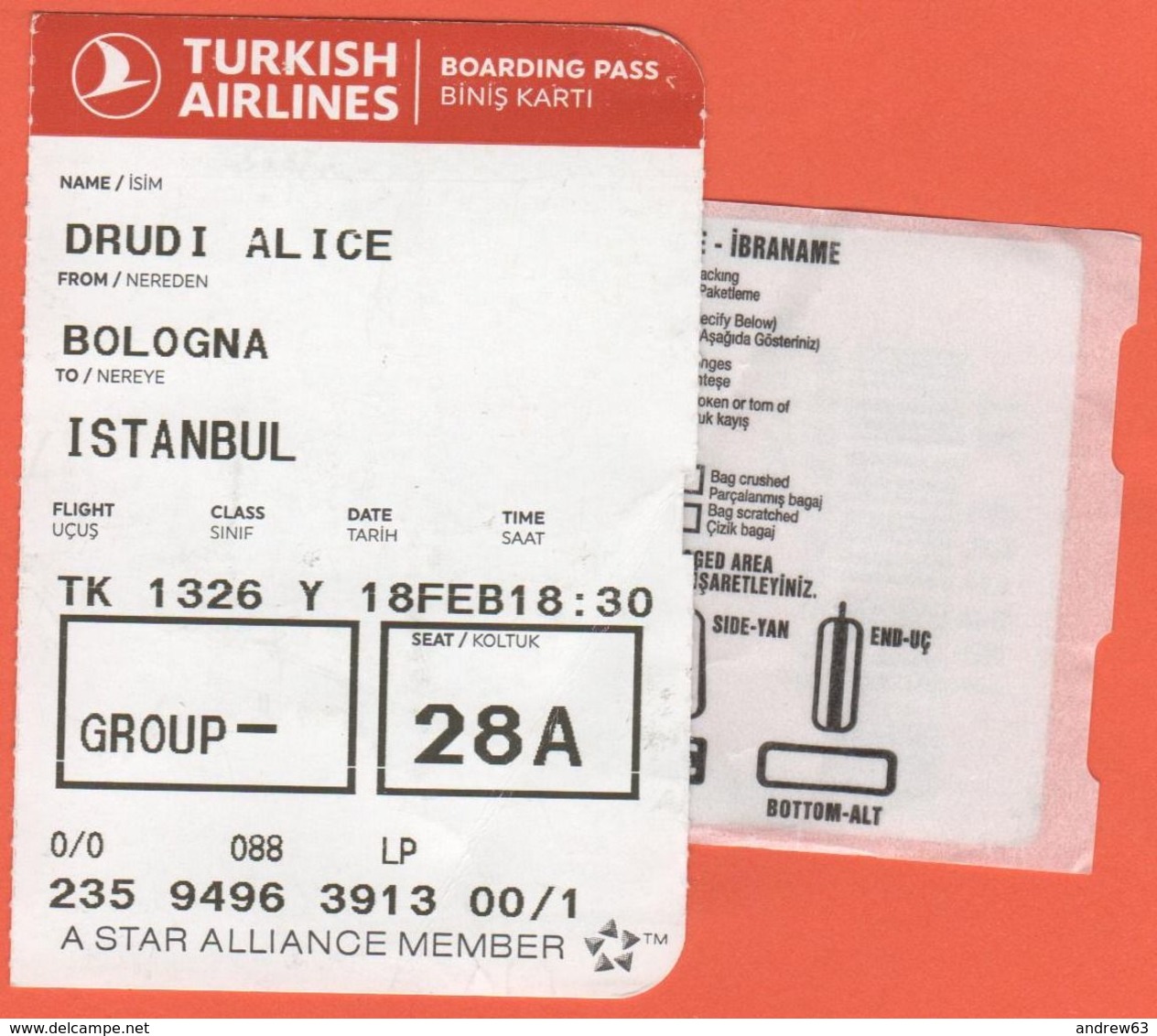 TURKISH AIRLINES - 2020 - BOARDING PASS - BİNİŞ KARTI - TK 1326 - BLQ-IST - Bologna-Istanbul - Monde