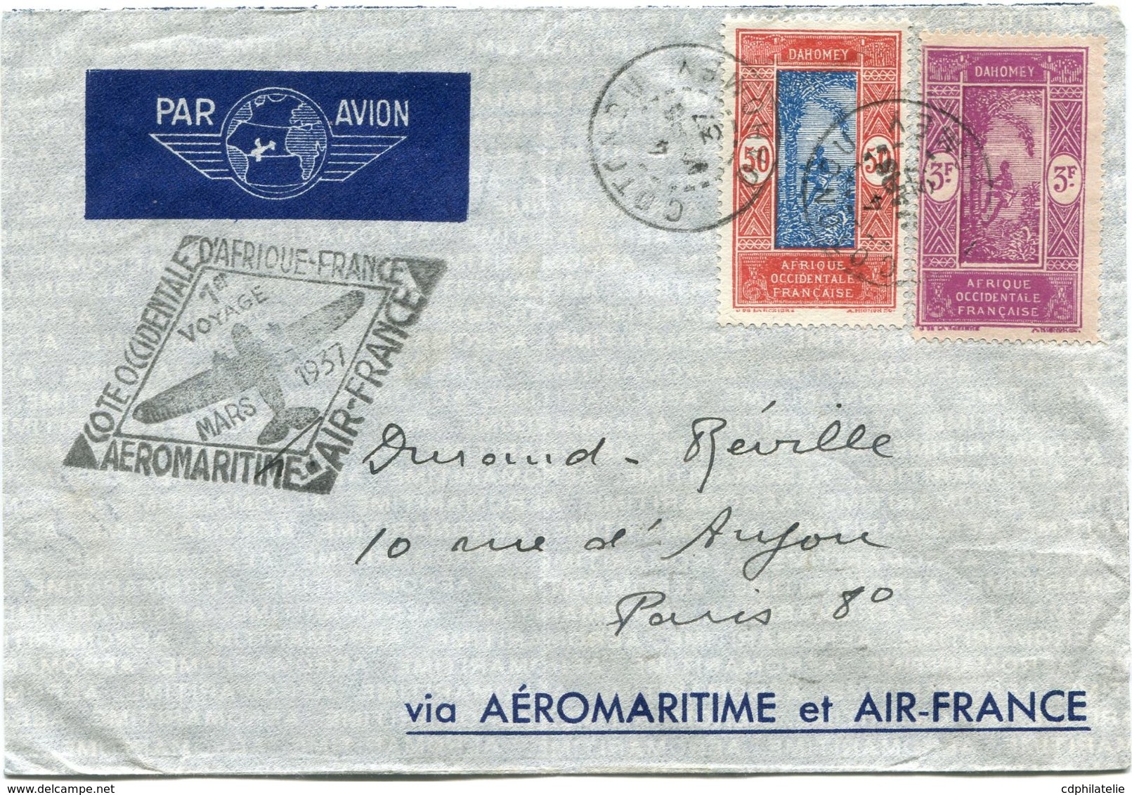 DAHOMEY LETTRE PAR AVION AVEC CACHET ".....AEROMARITIME 1er VOYAGE MARS 1937" DEPART COTONOU 4 MARS 37 DAHOMEY POUR..... - Storia Postale