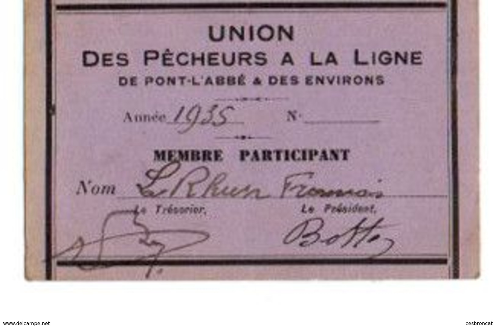 C1 1935 Carte De Sociétaire  Union Des Pêcheurs A La Ligne De Pont L'abbé  (29) - Lettres & Documents