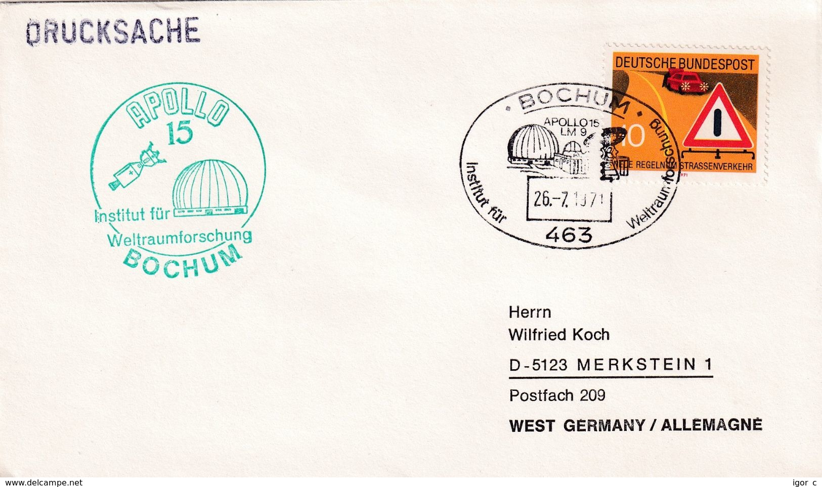 Germany 1971 Cover; Space Weltraum Espace: Apollo 15 Moon Landing;   Institiut For Scace Research Bochum; Observatory - Autres & Non Classés