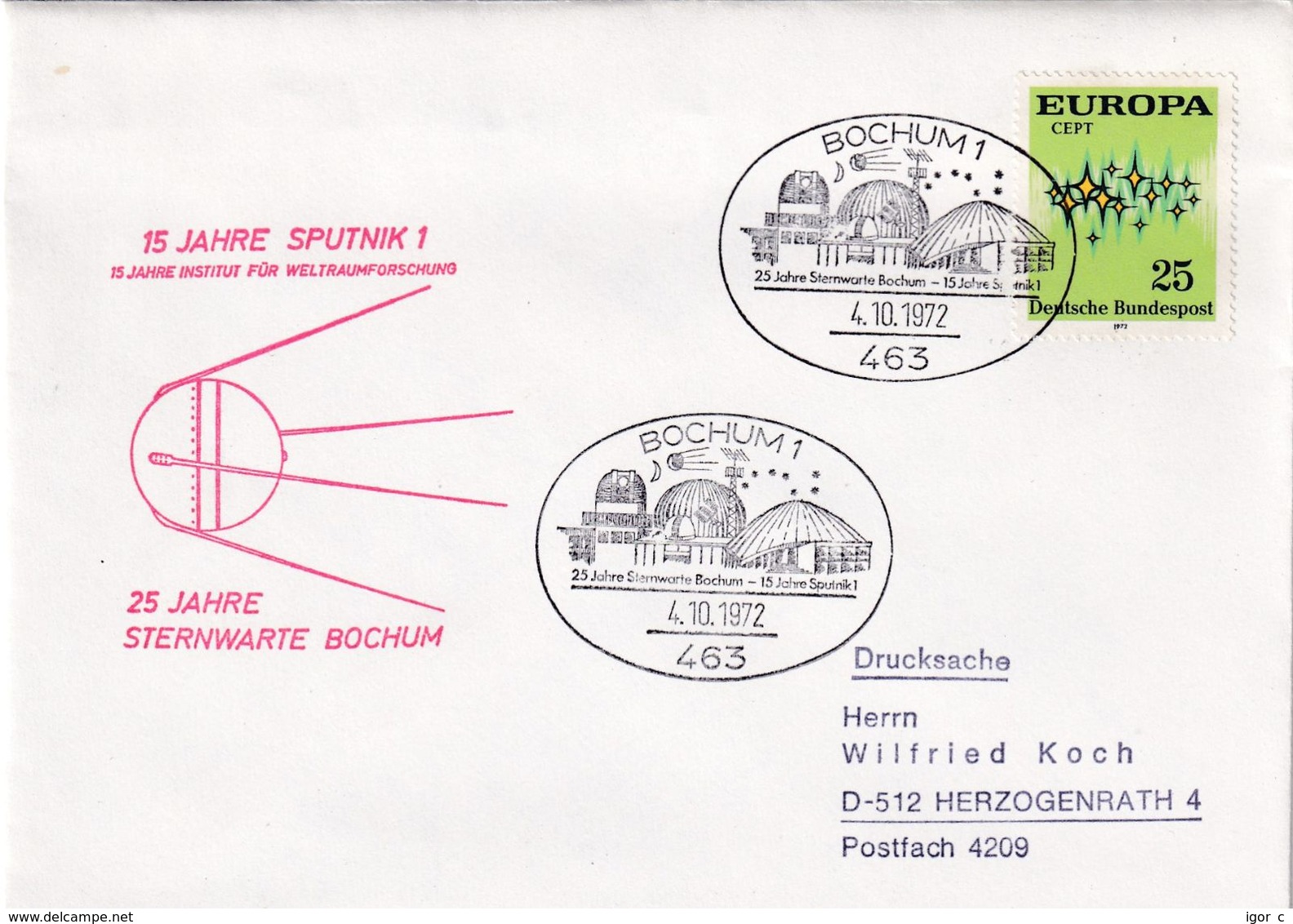 Germany 1972 Cover; Space Weltraum Espace: 15 Years Sputnik 1; Institiut For Scace Research Bochum; Europa Cept - Andere & Zonder Classificatie