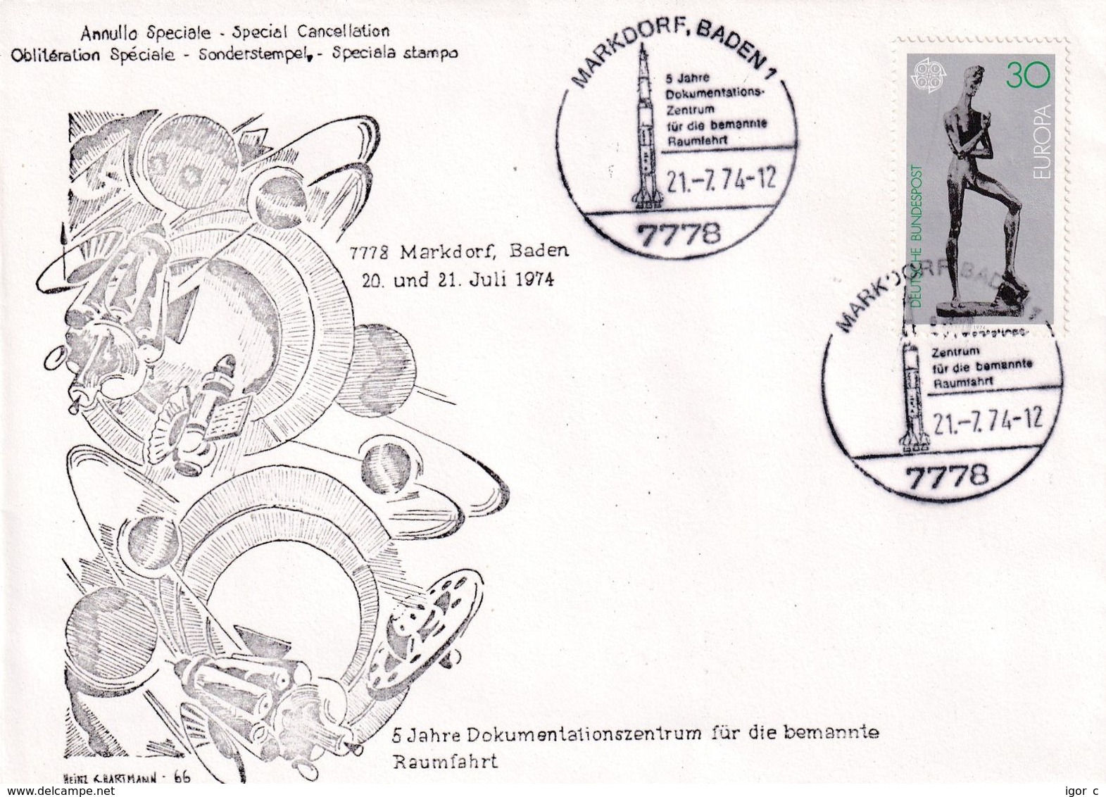 Germany 1974 Cover; Space Weltraum Espace: 5 Years Of First Moon Landing; Europa Cept Sculpture - Andere & Zonder Classificatie