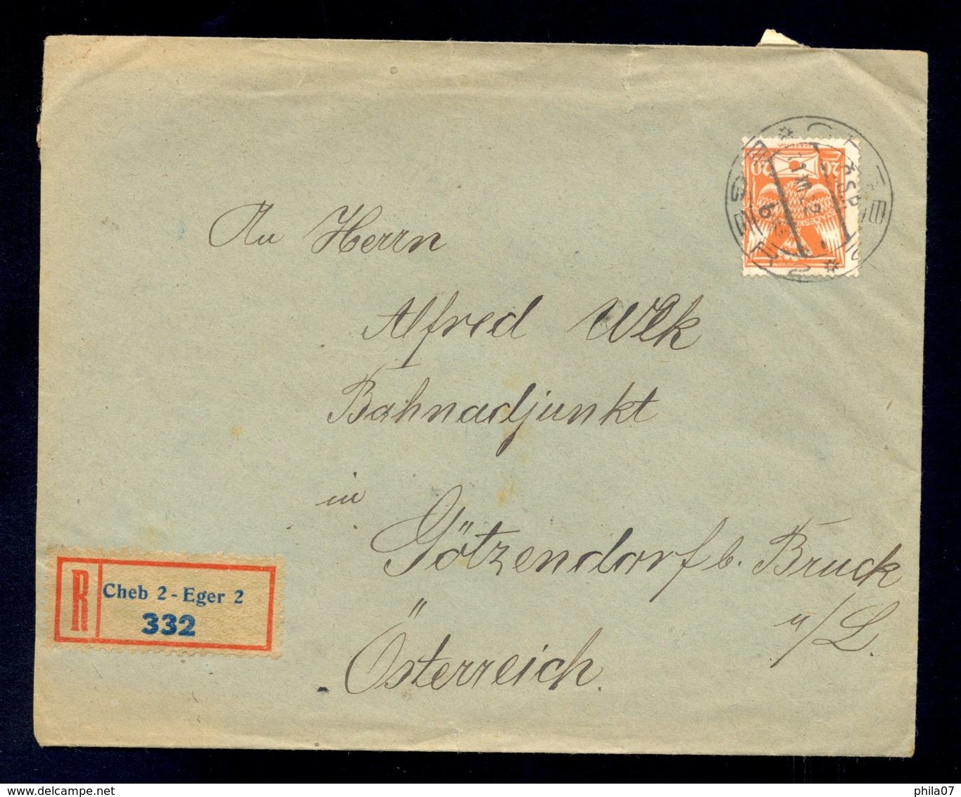 CZECHOSLOVAKIA - Envelope Sent By Registered Mail From Cheb To Osterreich 1922. - Otros & Sin Clasificación