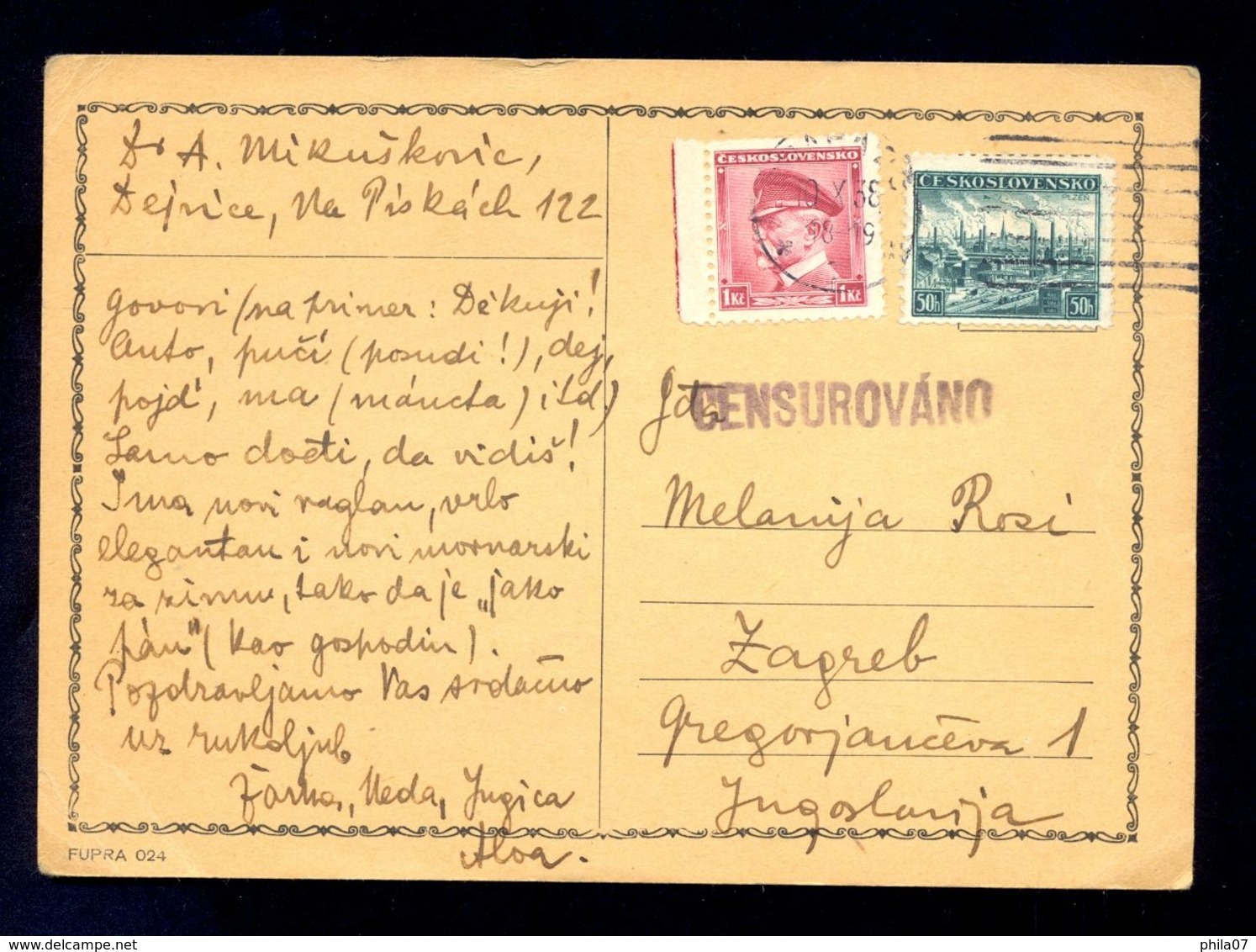 CZECHOSLOVAKIA - Stationery Sent From Czechoslovakia To Zagreb (Yugoslavia) 1938. Censored And Franked With Two Stamps - Sonstige & Ohne Zuordnung