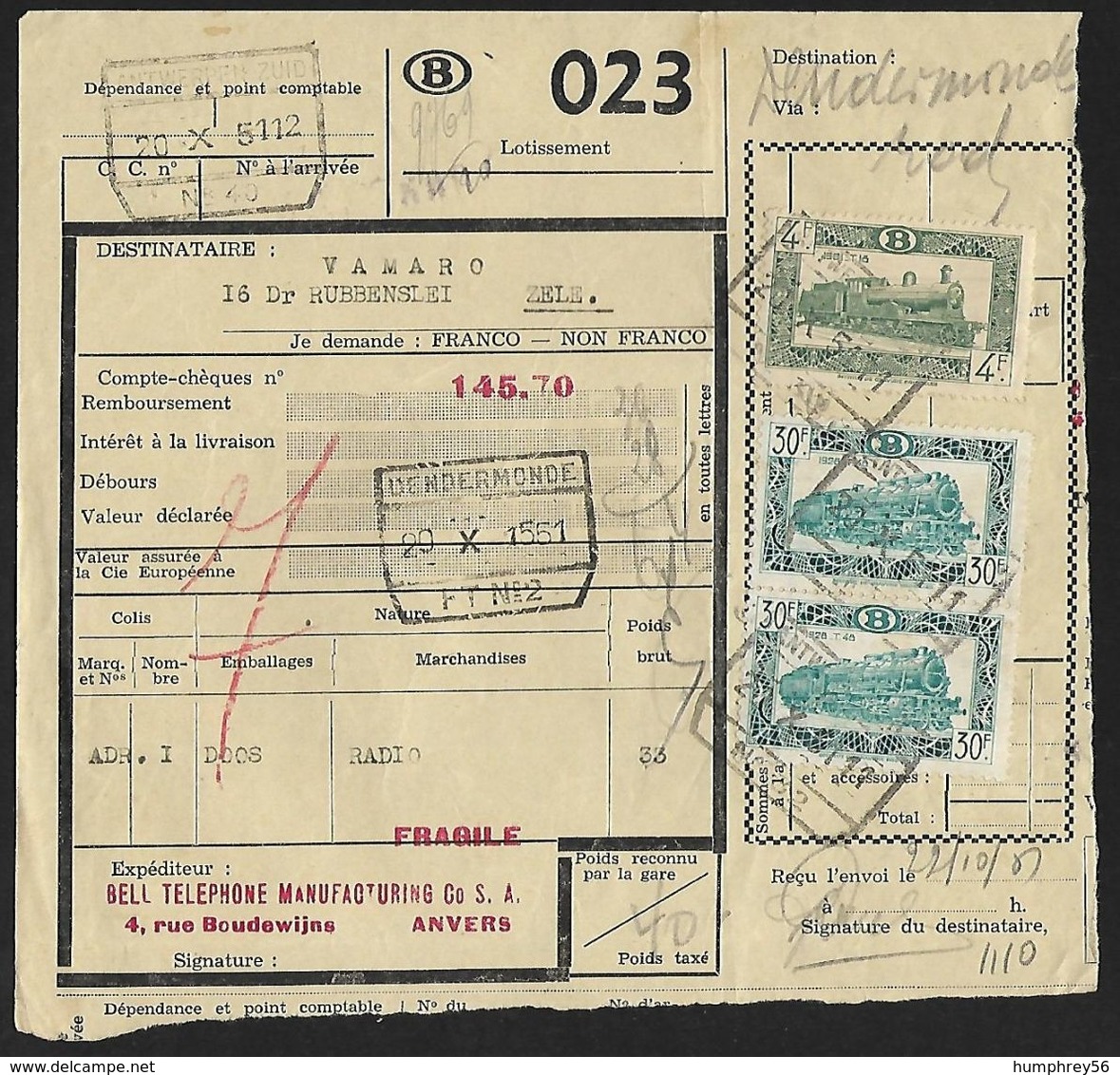 1949 - BELGIË/BELGIQUE/BELGIEN - Document - Michel 282A+291A [Eisenbahn] - Y&T 308+317 [CP] + ANTWERPEN & DENDERMONDE - Documents & Fragments