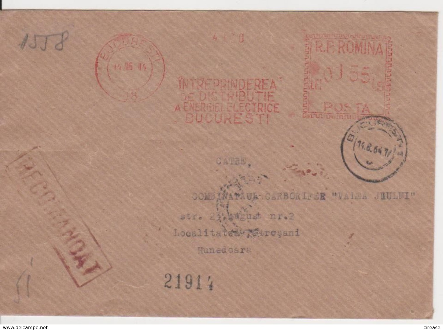 BUCURESTI AMONT 1,55,  ELECTRICITY DISTRIBUTION ENTERPRISE RED MACHINE ATM STAMPS, ROMANIA 1964 - Franking Machines (EMA)