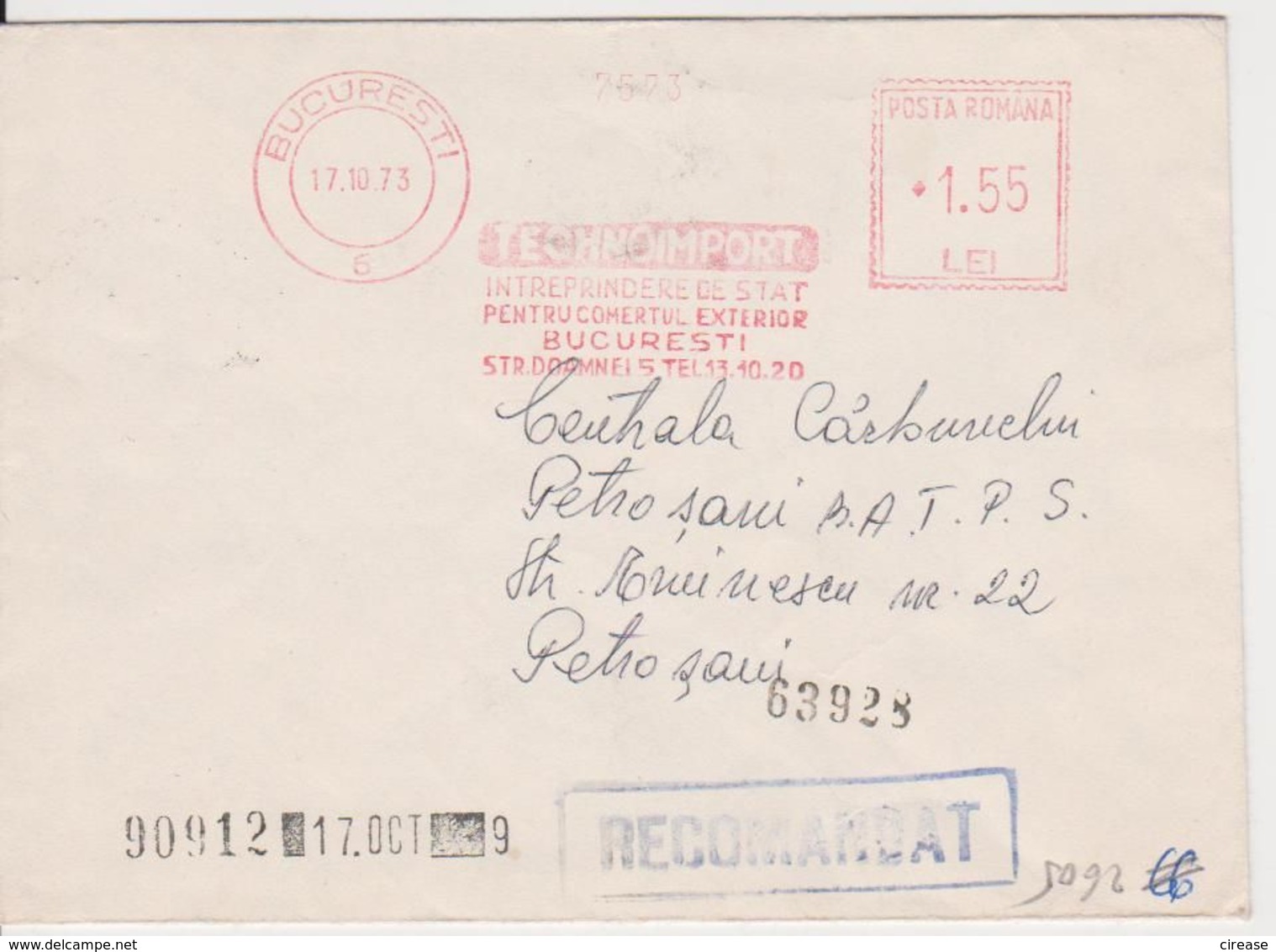 BUCURESTI AMONT 1,55, TECHNOIMPORT RED MACHINE ATM STAMPS, ROMANIA 1973 - Franking Machines (EMA)