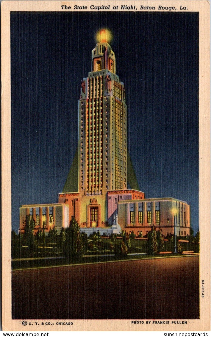 Louisiana Baton Rouge State Capitol Building At Night 1949 Curteich - Baton Rouge
