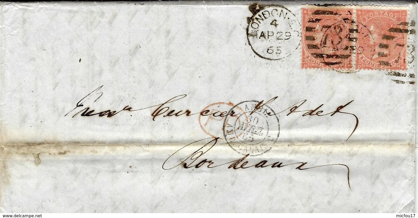 1878- Letter From London Fr.  8 Pence ( Pair Y&T N° 32 ) To Bordeaux - Brieven En Documenten